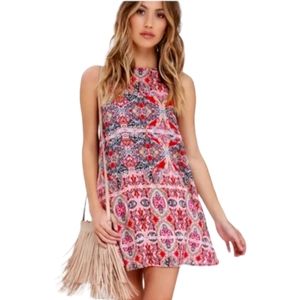 LULU'S Red Green Blue Paisley Print Sleeveless Keyhole Mini Dress Medium